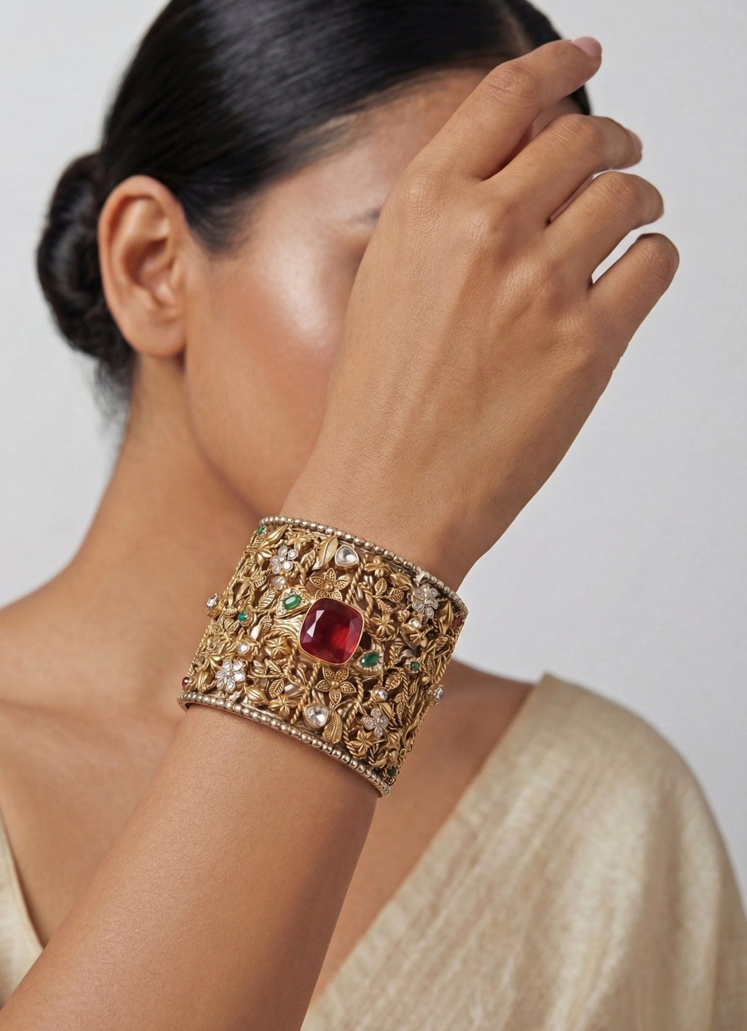 Multicolor Stones Gold Plated Cuff Bracelet Zevar by Geeta - Fabilicious Fashion
