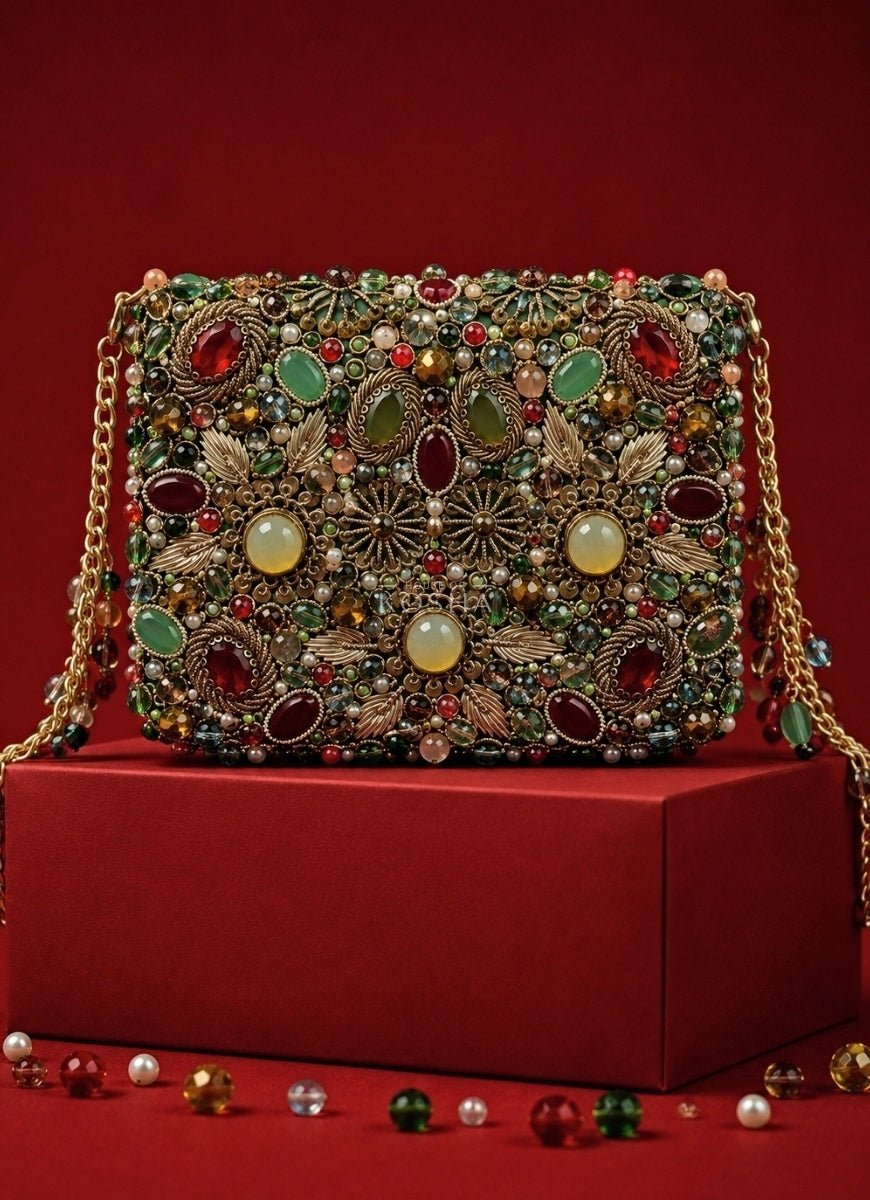 House of Kosha Multicolor Suede Embellished ClutchFabilicious Fashion