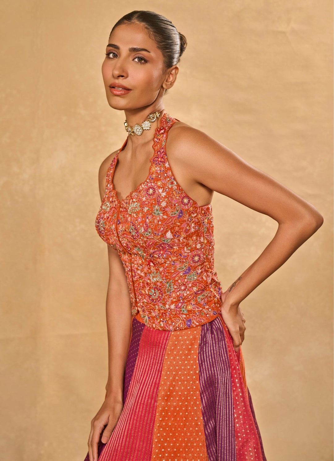 Chamee and Palak Multicolor Tissue Jamewar Lehenga With CorsetFabilicious Fashion