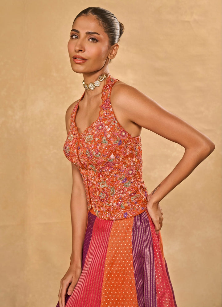 Chamee and Palak Multicolor Tissue Jamewar Lehenga With CorsetFabilicious Fashion