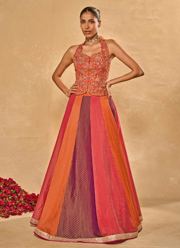 Chamee and Palak Multicolor Tissue Jamewar Lehenga With CorsetFabilicious Fashion