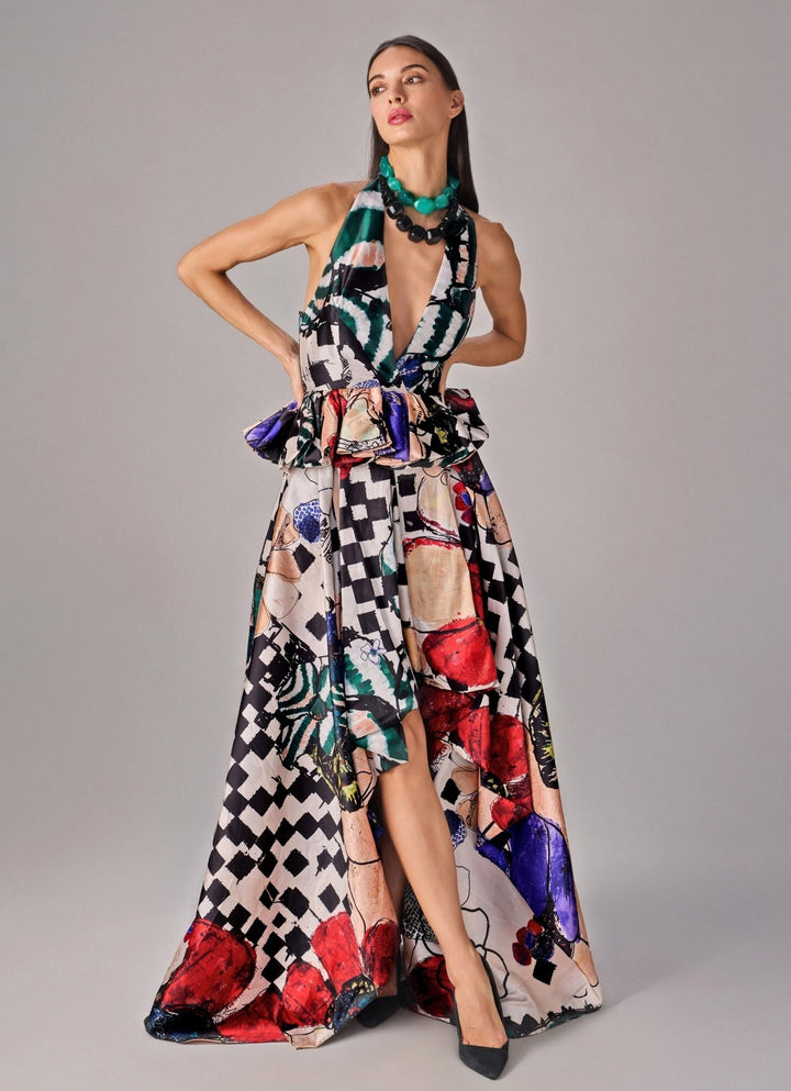 Multicolour Abstract Print Halter Blouse With Skirt Saaksha & Kinni - Fabilicious Fashion