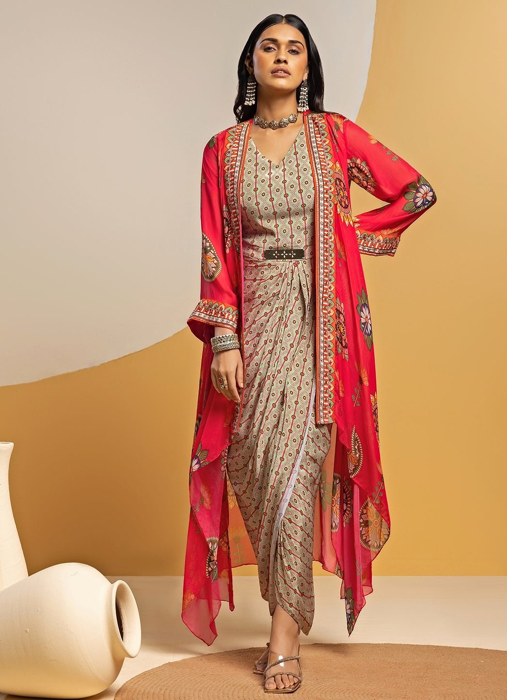 Multicolour Crepe Drape Dress With Jacket Soup by Sougat Paul - Fabilicious Fashion