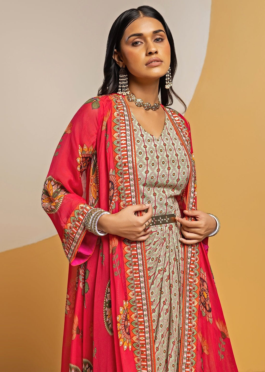 Multicolour Crepe Drape Dress With Jacket Soup by Sougat Paul - Fabilicious Fashion