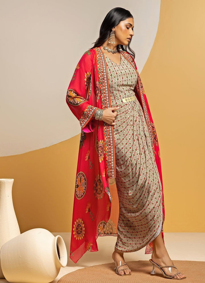 Multicolour Crepe Drape Dress With Jacket Soup by Sougat Paul - Fabilicious Fashion