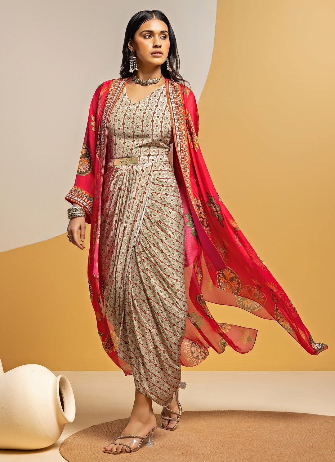 Multicolour Crepe Drape Dress With Jacket Soup by Sougat Paul - Fabilicious Fashion