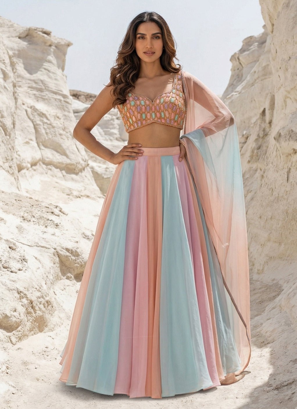 Multicolour embroidered georgette lehenga — destination wedding lehenga for evening receptions
