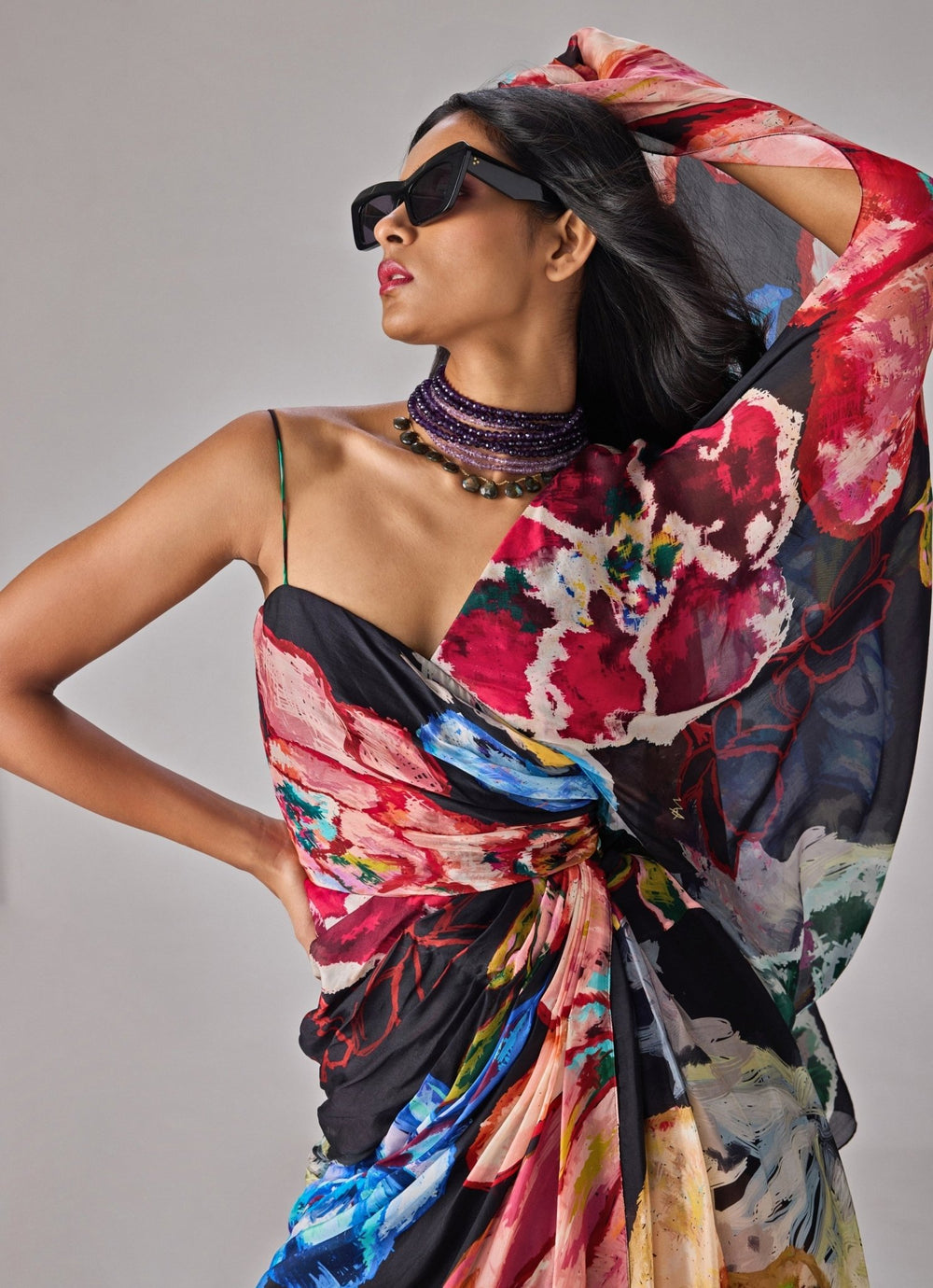 Multicolour Floral Print Draped Shoulder Dress Saaksha & Kinni - Fabilicious Fashion