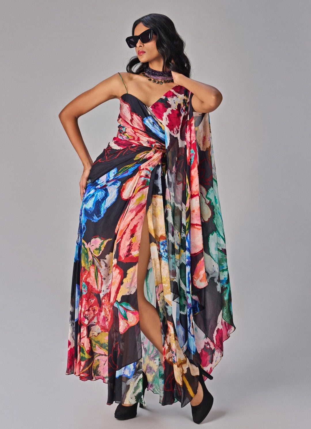 Multicolour Floral Print Draped Shoulder Dress Saaksha &amp; Kinni - Fabilicious Fashion