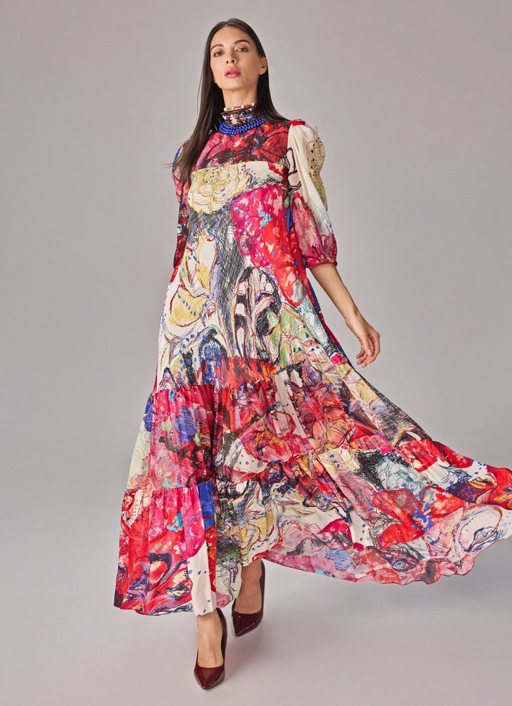 Multicolour Floral Print High Neck Dress Saaksha & Kinni - Fabilicious Fashion