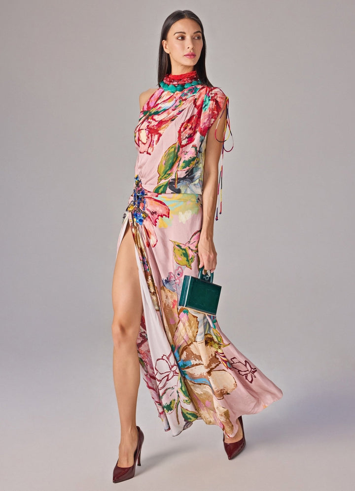 Multicolour Floral Print Maxi Dress With Slit Saaksha &amp; Kinni - Fabilicious Fashion