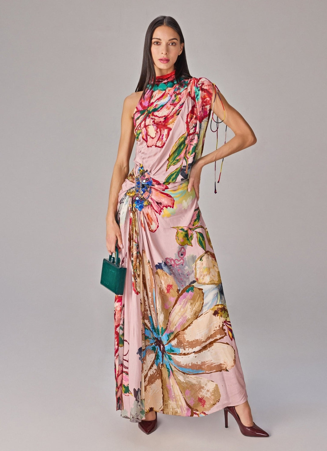 Multicolour Floral Print Maxi Dress With Slit Saaksha & Kinni - Fabilicious Fashion