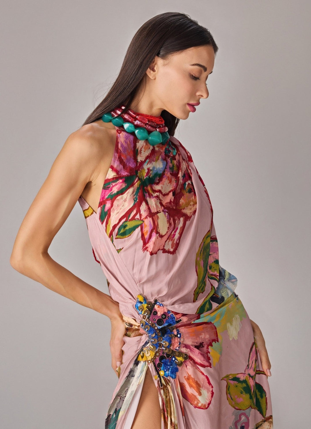 Multicolour Floral Print Maxi Dress With Slit Saaksha &amp; Kinni - Fabilicious Fashion