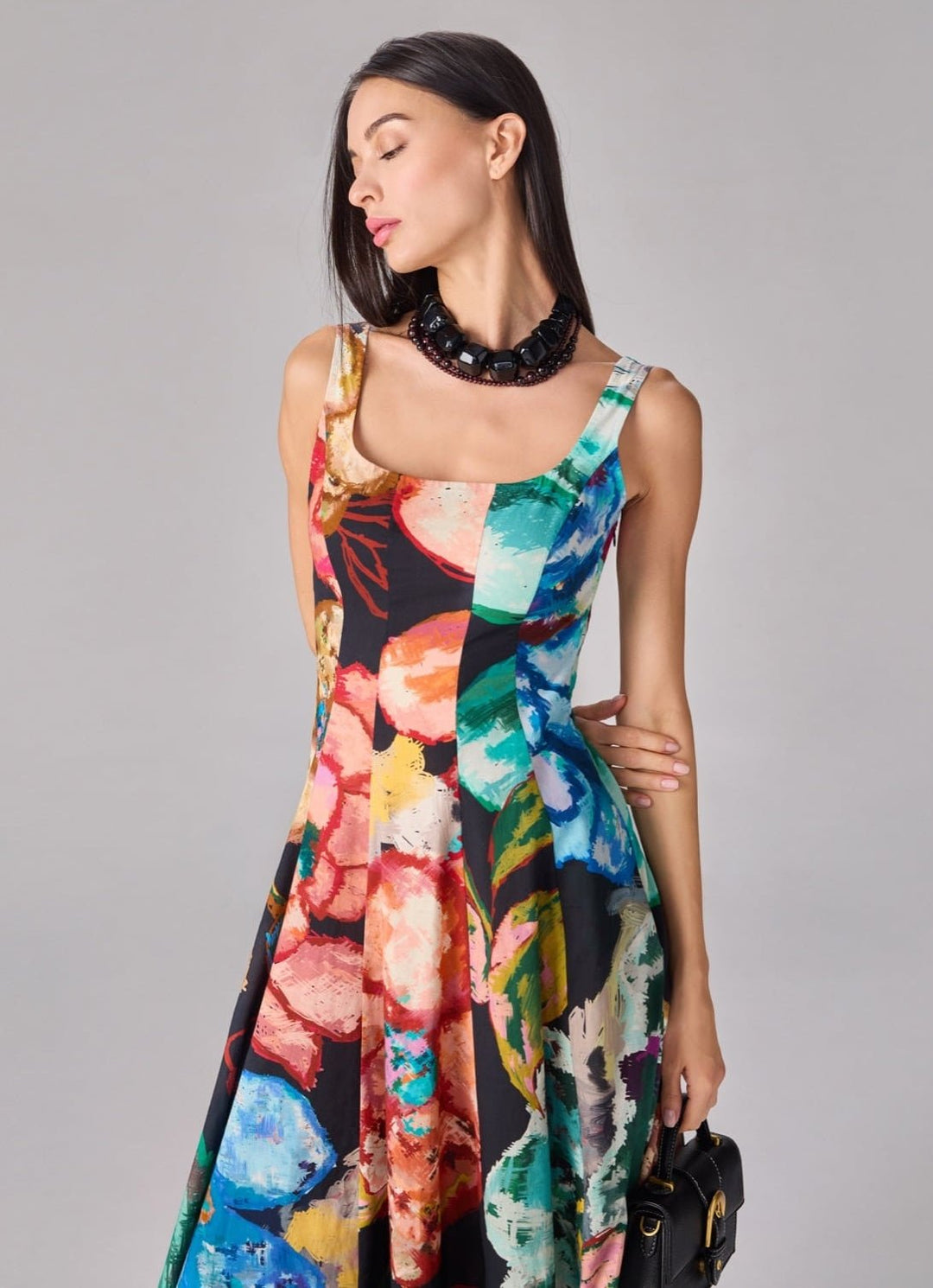 Multicolour Floral Print Midi Flared Dress Saaksha &amp; Kinni - Fabilicious Fashion