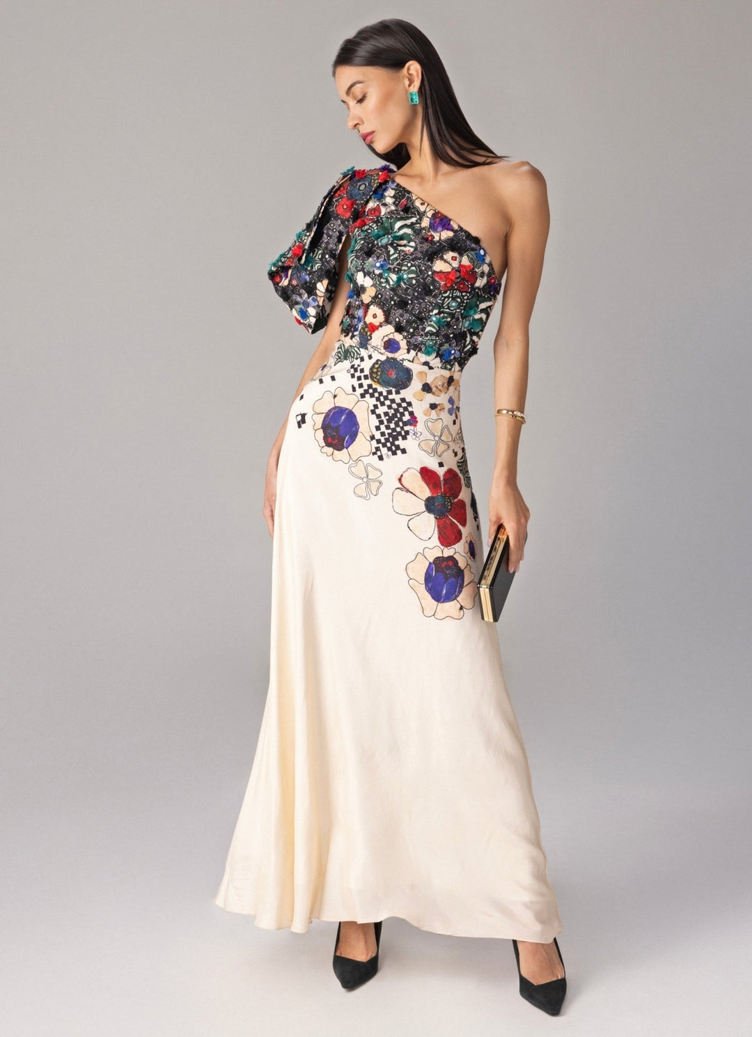Multicolour Floral Print One Shoulder Gown Saaksha &amp; Kinni - Fabilicious Fashion