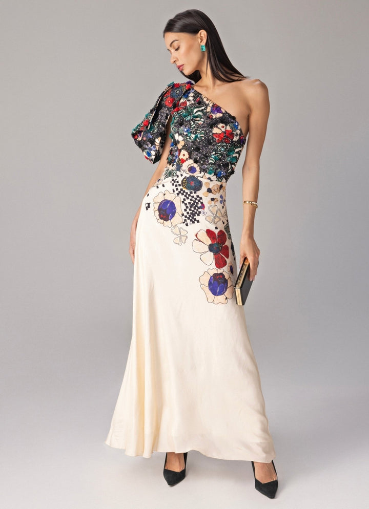 Multicolour Floral Print One Shoulder Gown Saaksha &amp; Kinni - Fabilicious Fashion