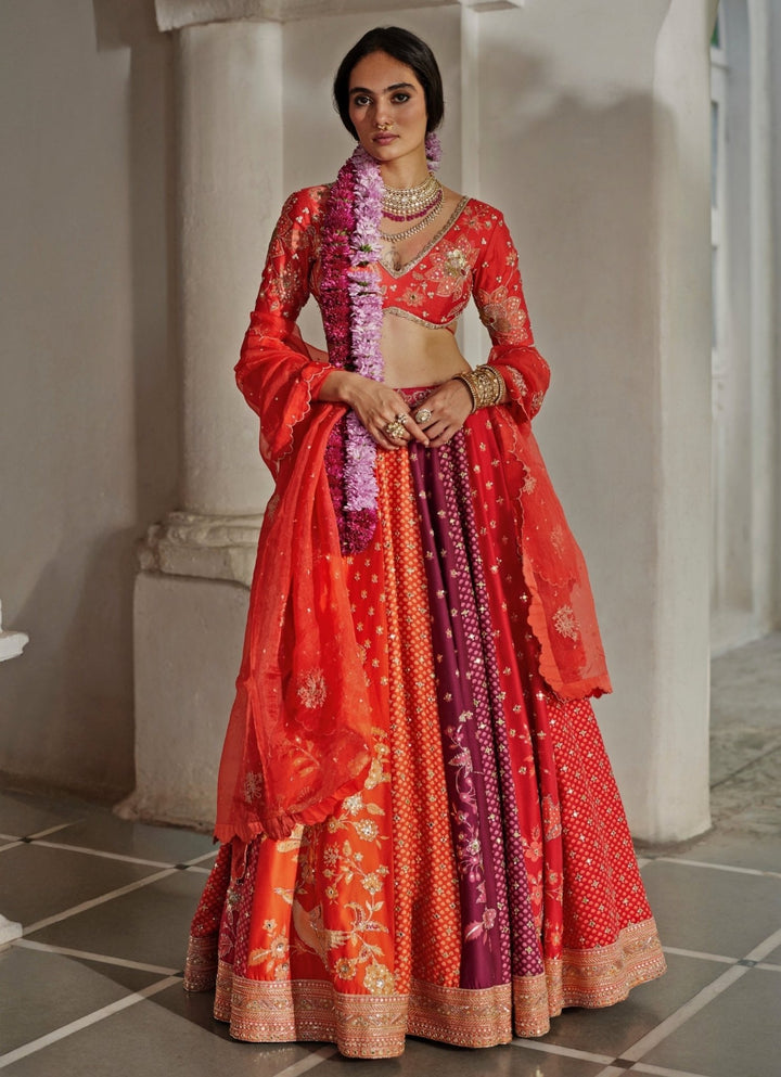 Multicolour Floral Printed Silk Lehenga Set Paulmi and Harsh - Fabilicious Fashion