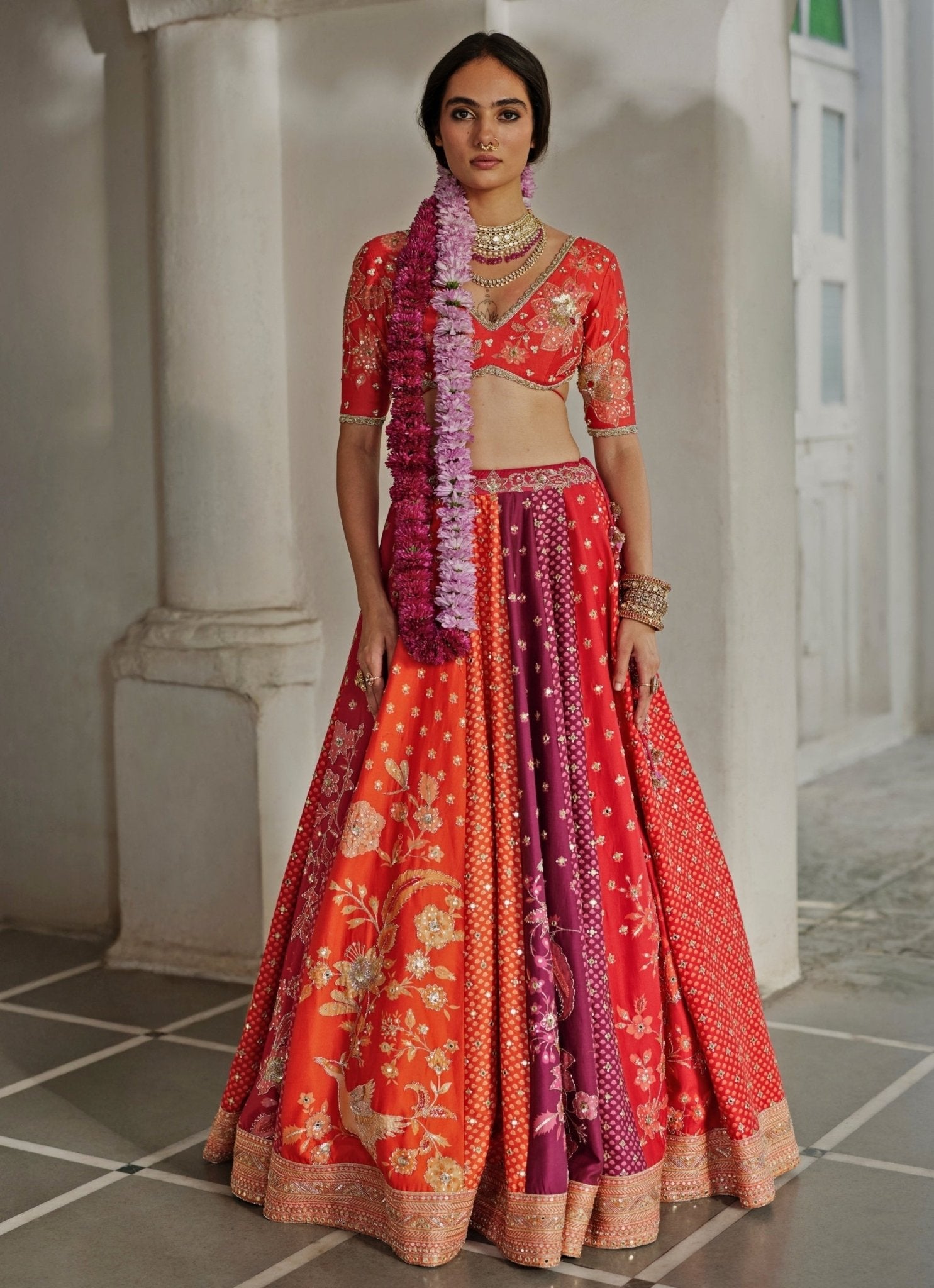 Multicolour floral printed lehenga — panelled printed lehenga with structure