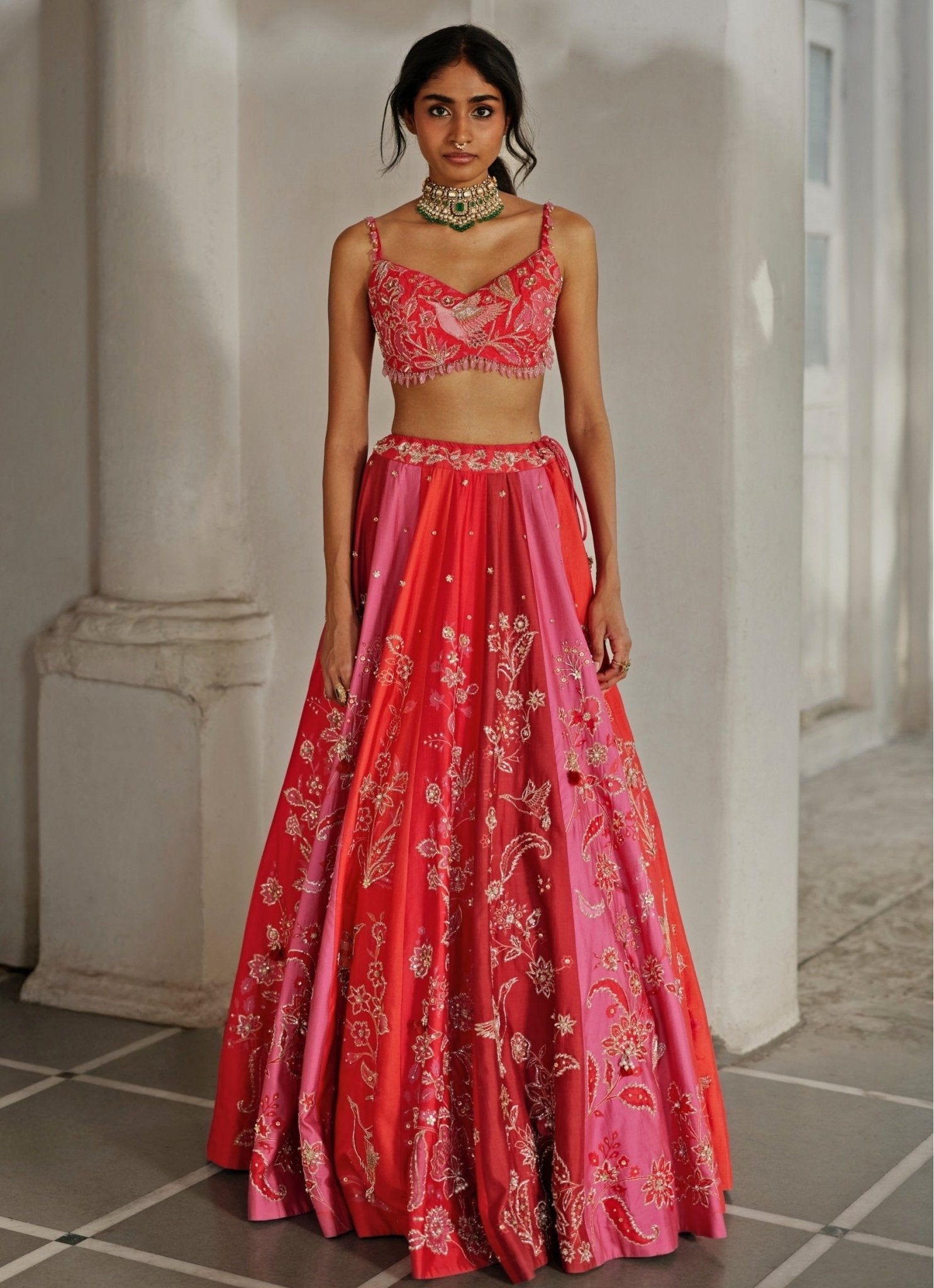 Multicolour floral printed silk lehenga for pear-shaped body type with balanced skirt fall