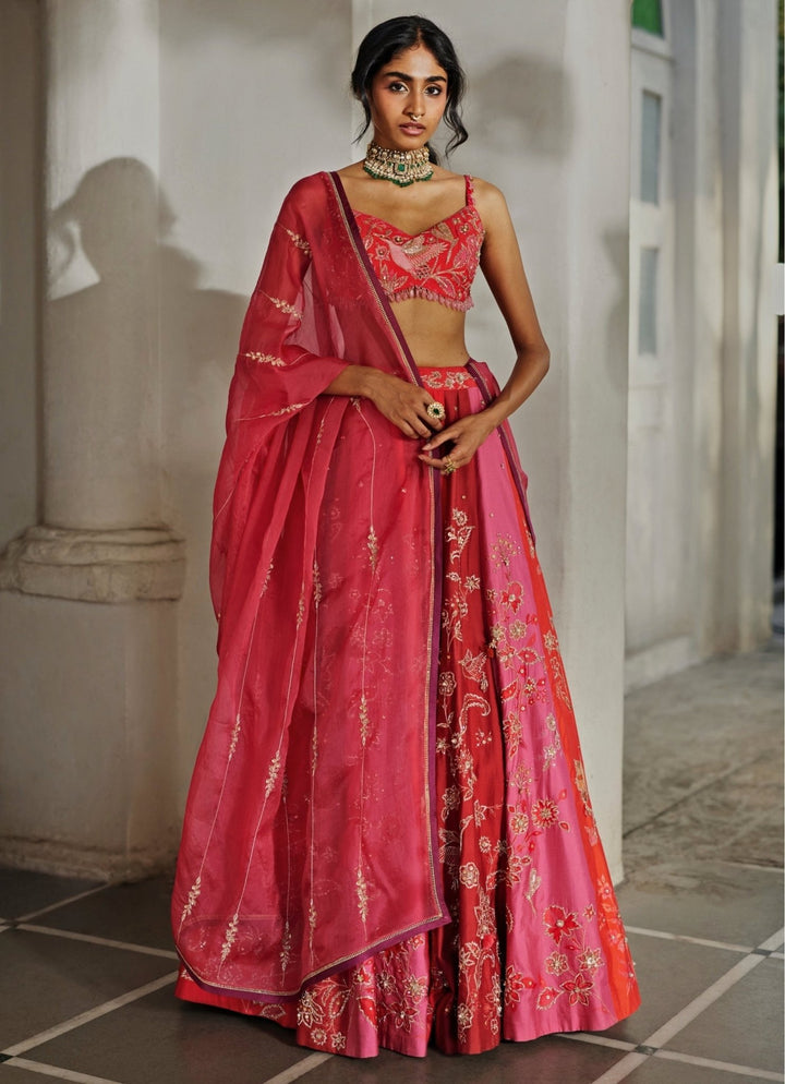 Multicolour Floral Printed Silk Lehenga Paulmi and Harsh - Fabilicious Fashion