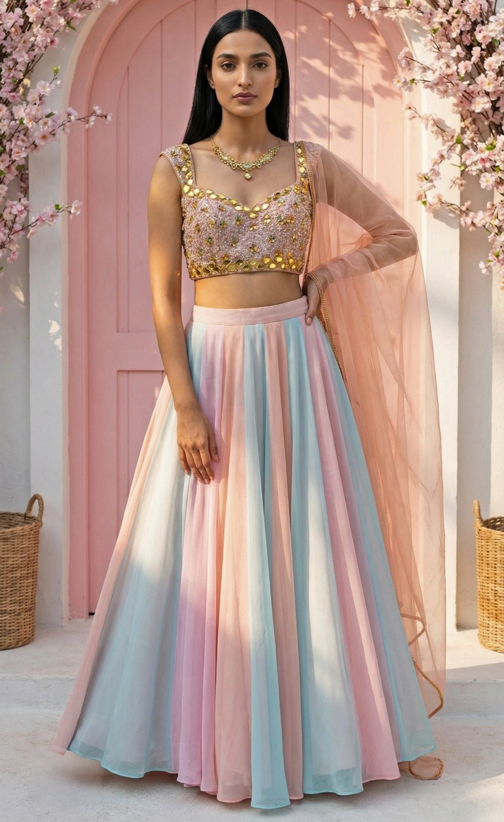 Multicolour georgette lehenga for wedding guest daytime celebration styling