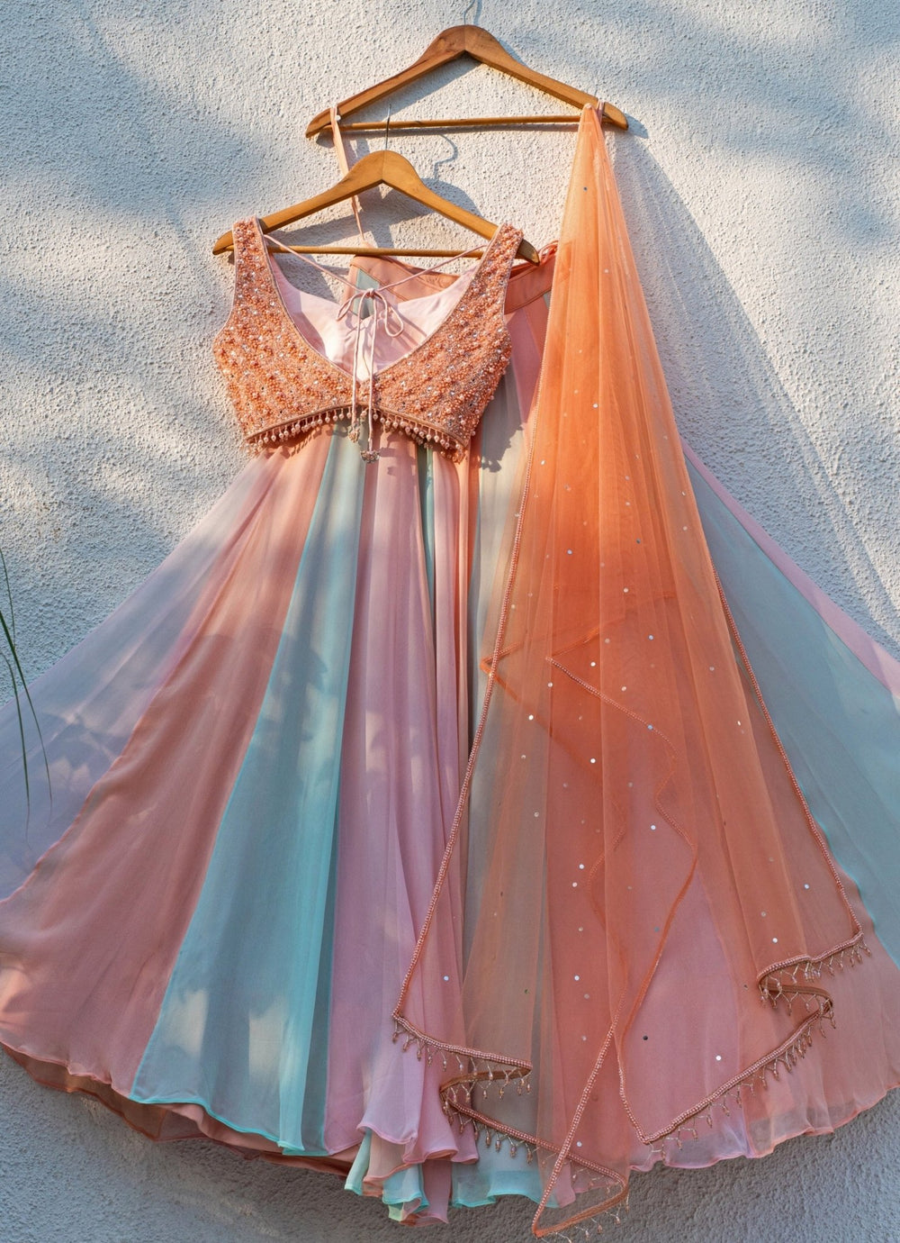 Multicolour Georgette Lehenga With Peach Blouse Anisha Shetty - Fabilicious Fashion