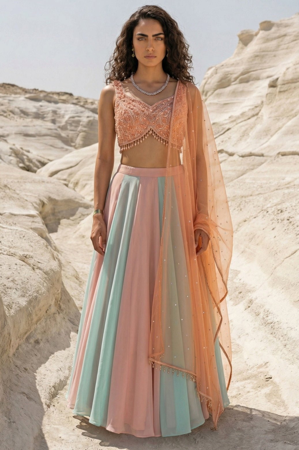 Multicolour georgette lehenga — sangeet lehenga for wedding guest