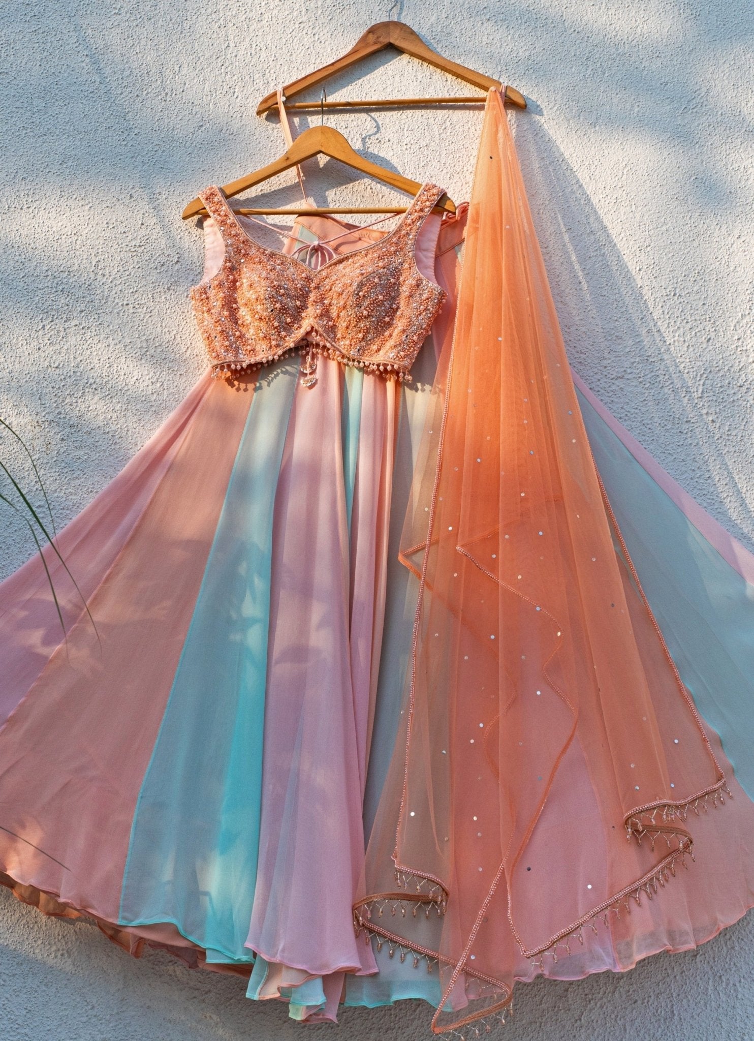 Multicolour georgette lehenga with peach blouse — wedding guest lehenga by Anisha Shetty