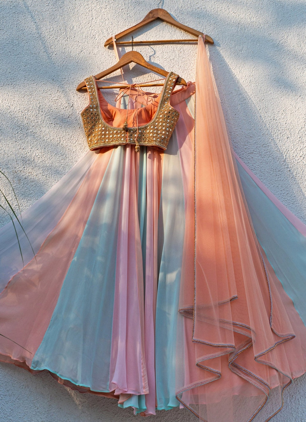 Multicolour Georgette Lehenga With Peach Mirror Blouse Anisha Shetty - Fabilicious Fashion