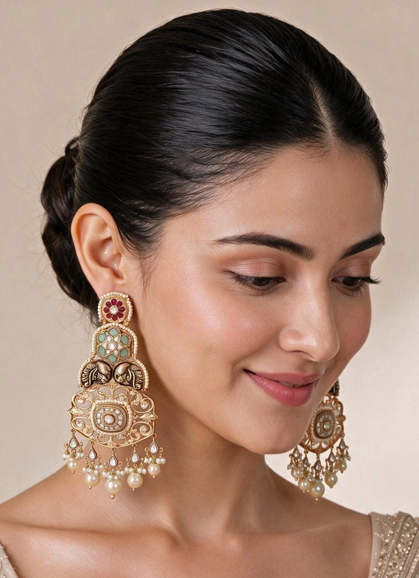 Multicolour Kundan Pearl Statement Earrings