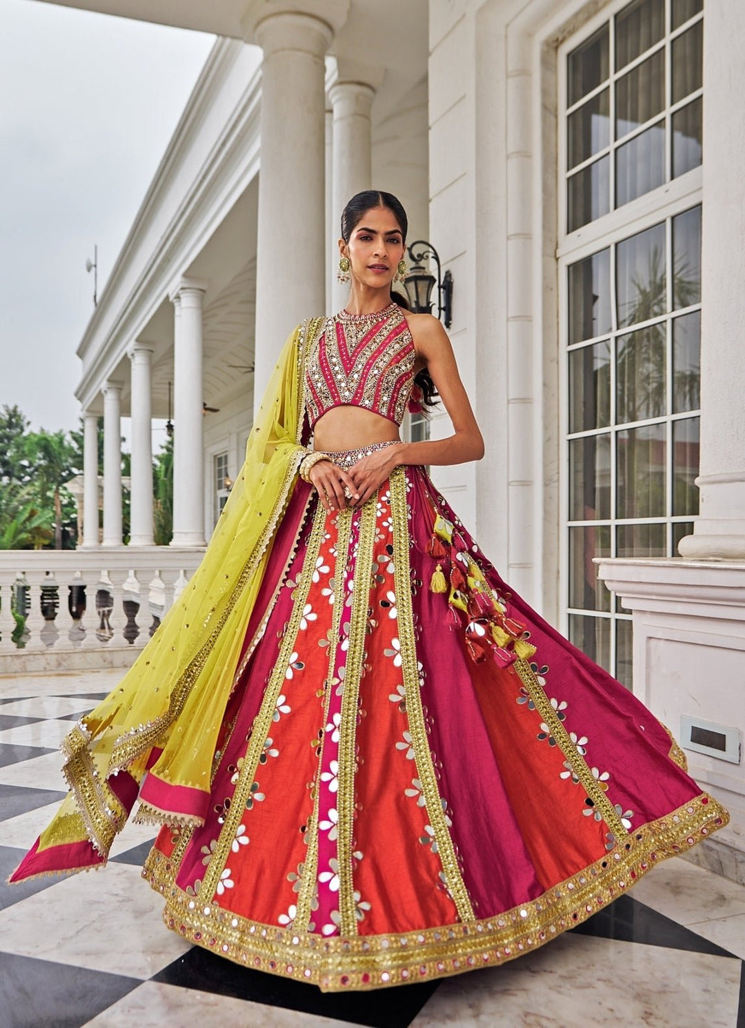 Multicolour Mirrorwork Silk Lehenga Set Nidhika Shekar - Fabilicious Fashion