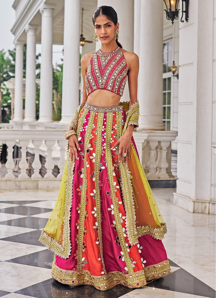 Multicolour Mirrorwork Silk Lehenga Set Nidhika Shekar - Fabilicious Fashion