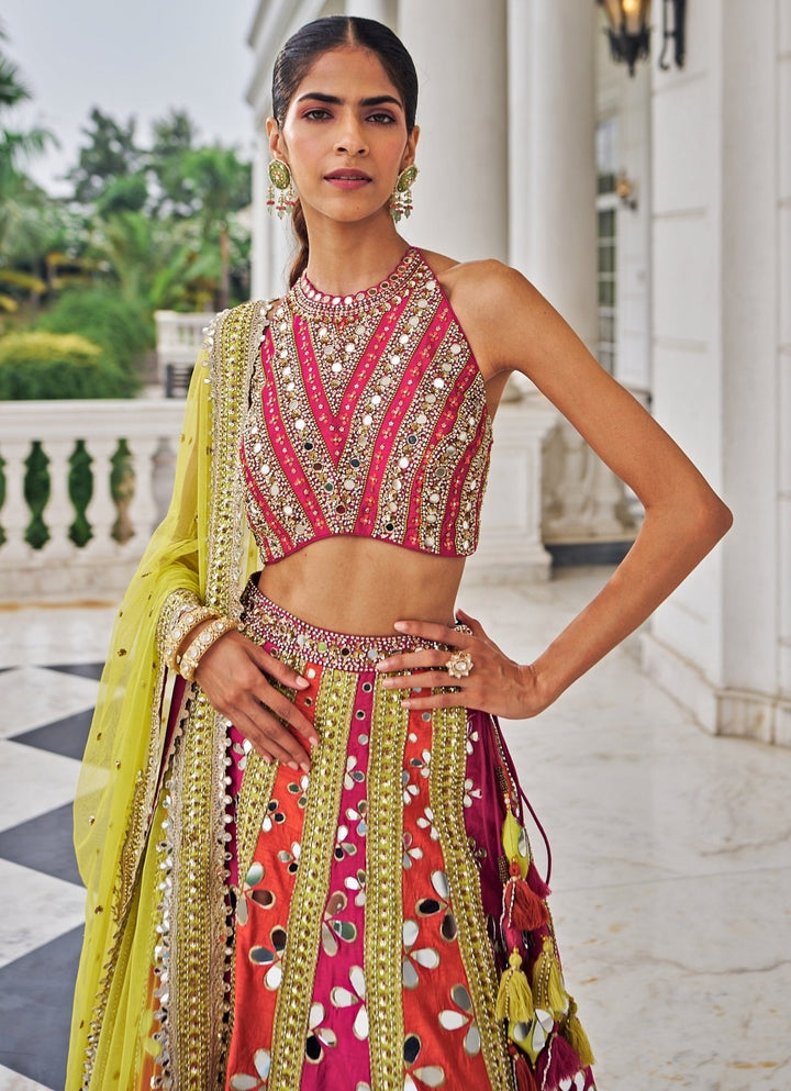Multicolour Mirrorwork Silk Lehenga Set Nidhika Shekar - Fabilicious Fashion