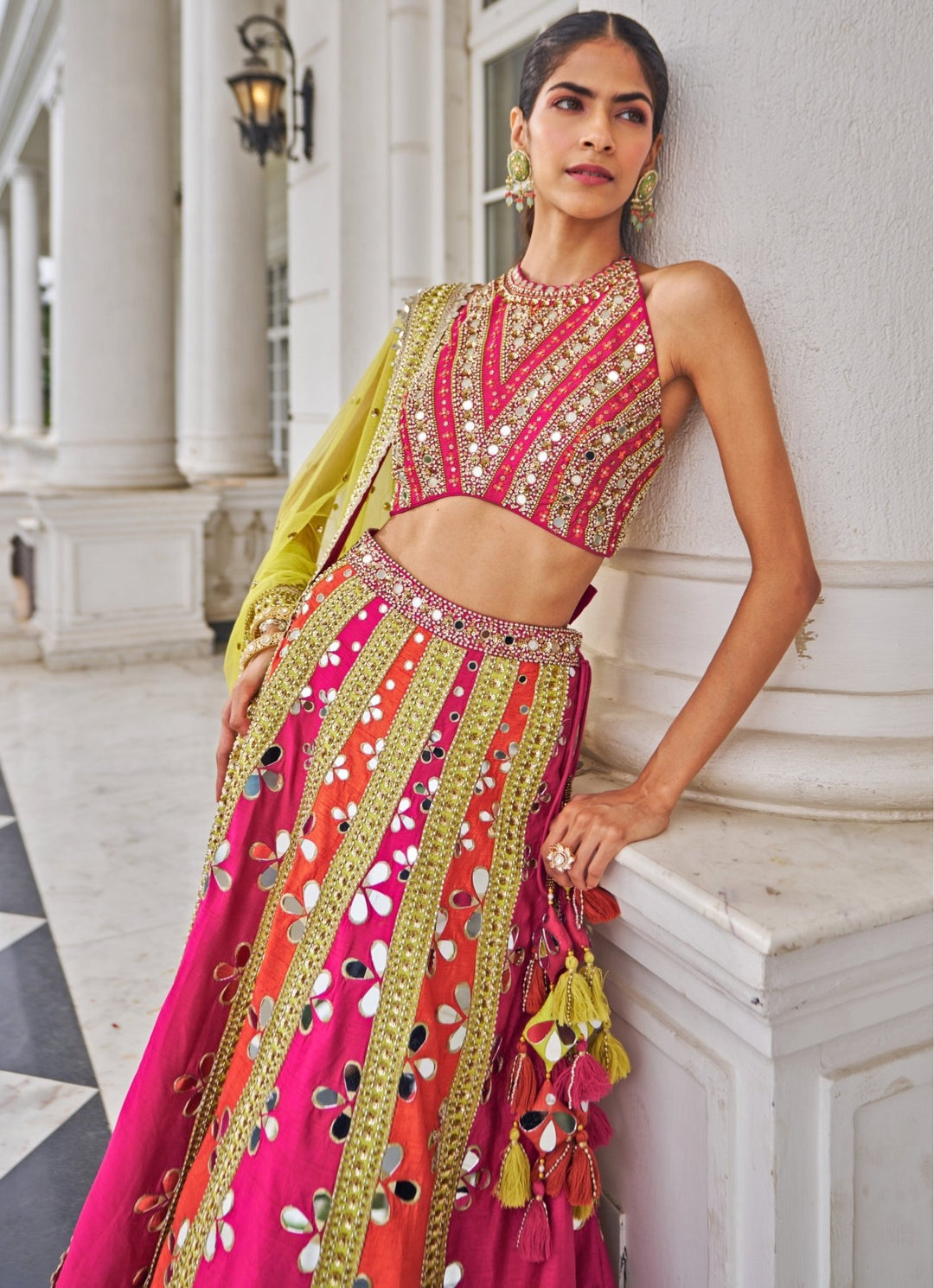 Multicolour Mirrorwork Silk Lehenga Set Nidhika Shekar - Fabilicious Fashion
