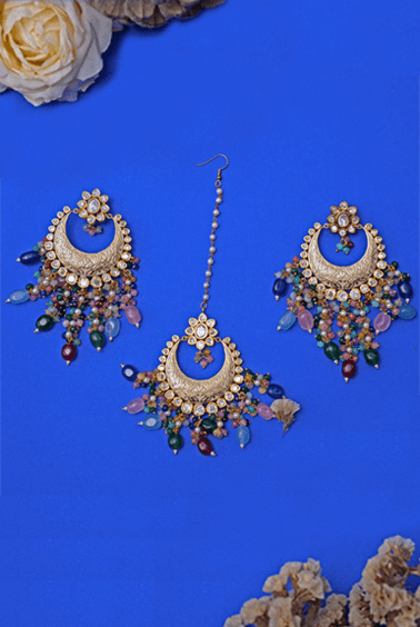 Multicolour Pearl Kundan Earrings Zevar by Geeta - Fabilicious Fashion