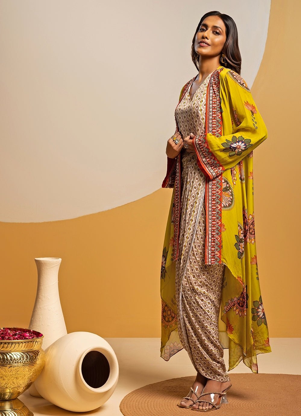 Multicolour Printed Satin Drape Dress With Jacket Soup by Sougat Paul - Fabilicious Fashion