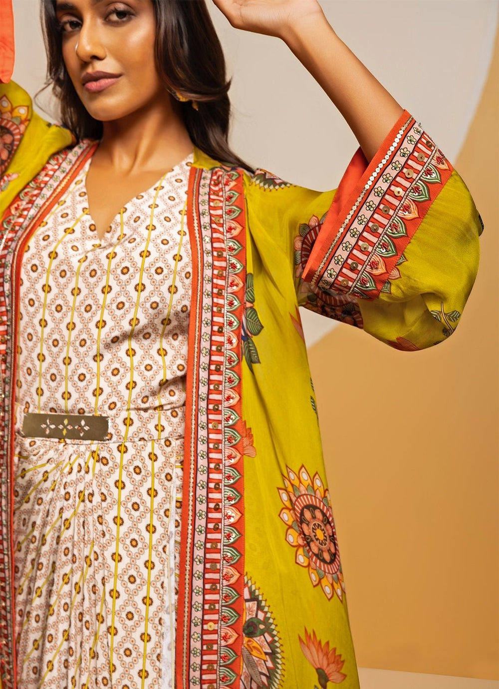 Multicolour Printed Satin Drape Dress With Jacket Soup by Sougat Paul - Fabilicious Fashion