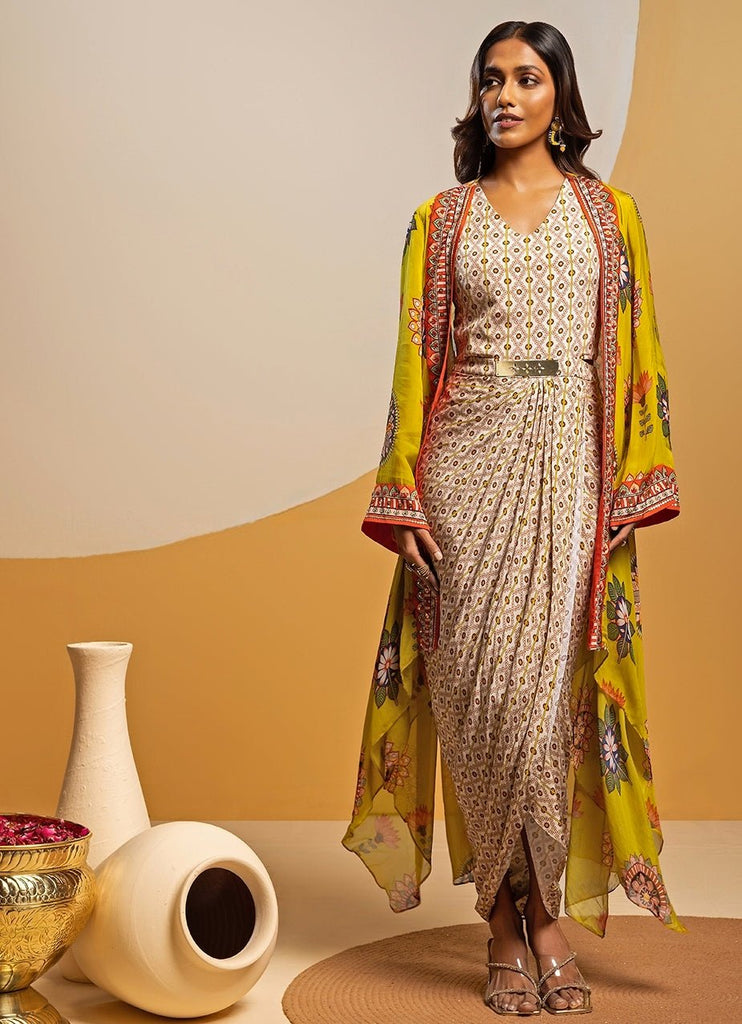 Soup by Sougat Paul — Multicolour Printed Satin Drape Dress With Jacket –  Fabilicious Fashion