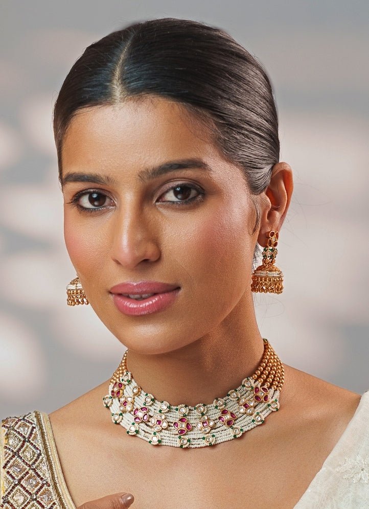 Multicolour Stone And Polki Gold Necklace Set Zevar by Geeta - Fabilicious Fashion