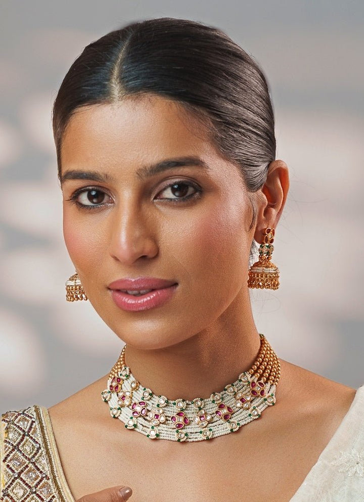 Multicolour Stone And Polki Gold Necklace Set Zevar by Geeta - Fabilicious Fashion