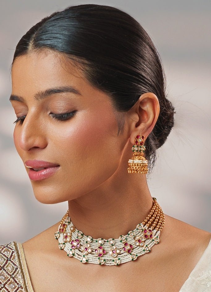 Multicolour Stone And Polki Gold Necklace Set Zevar by Geeta - Fabilicious Fashion