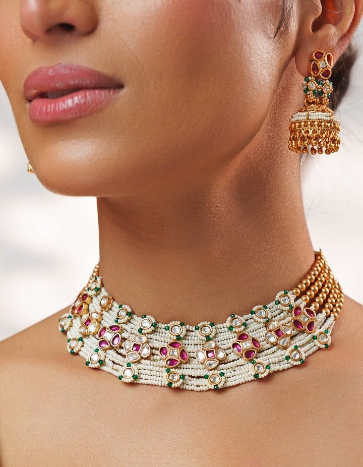 Multicolour Stone And Polki Gold Necklace Set Zevar by Geeta - Fabilicious Fashion