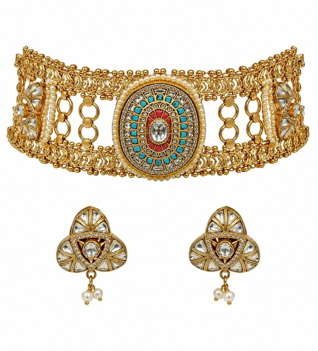 Vivinia By Vidhi Mehra Multicoloured Jadau Kundan Choker Set With Pearl AccentsFabilicious Fashion