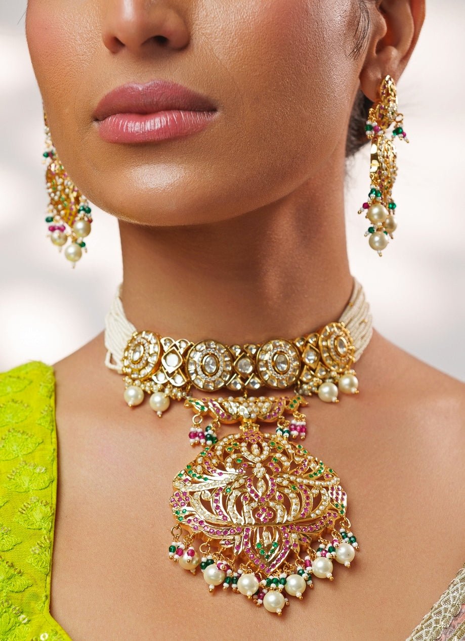 Multicoloured Kundan Jadau Gold Choker Set Zevar by Geeta - Fabilicious Fashion