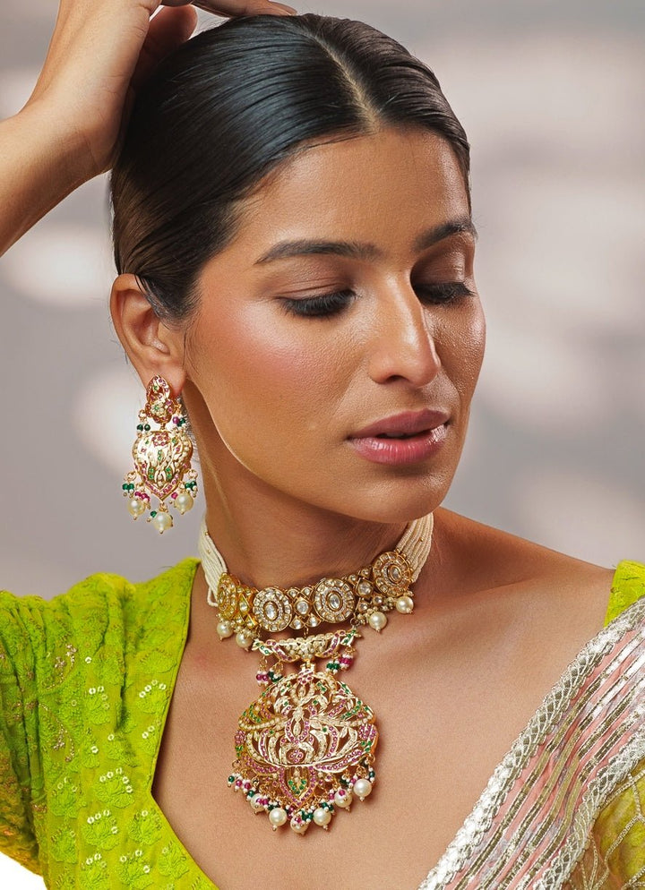 Multicoloured Kundan Jadau Gold Choker Set Zevar by Geeta - Fabilicious Fashion