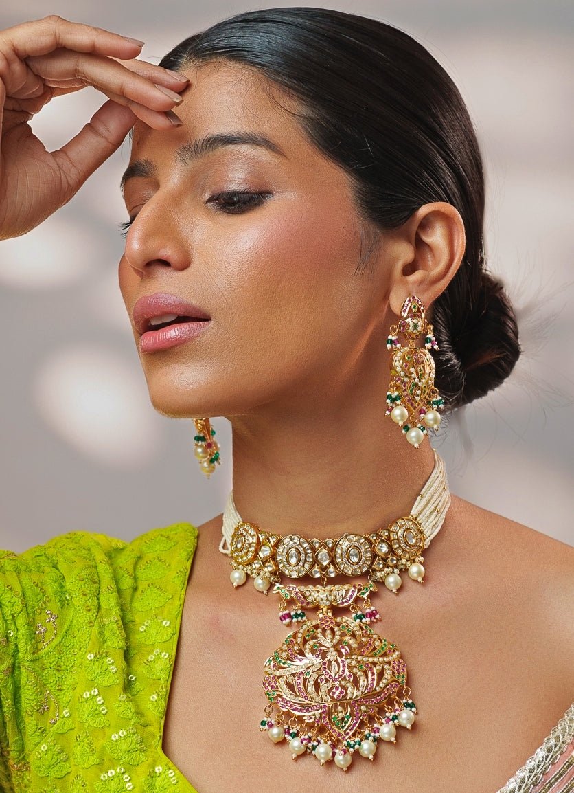 Multicoloured Kundan Jadau Gold Choker Set Zevar by Geeta - Fabilicious Fashion