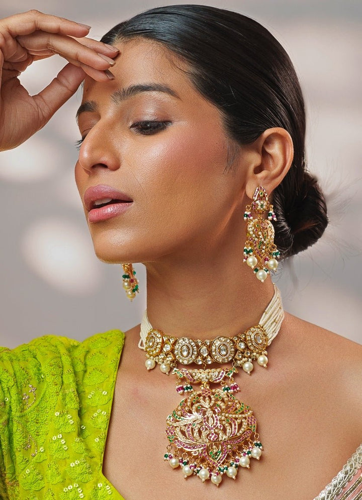 Multicoloured Kundan Jadau Gold Choker Set Zevar by Geeta - Fabilicious Fashion