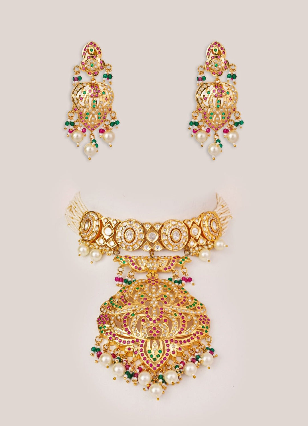 Multicoloured Kundan Jadau Gold Choker Set Zevar by Geeta - Fabilicious Fashion