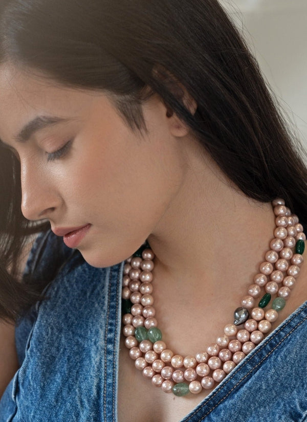 Multilayered Pink And Grey Pearl Necklace