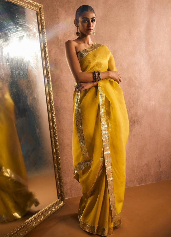 Mustard And Gold Pure Silk Organza Saree Kapardara - Fabilicious Fashion